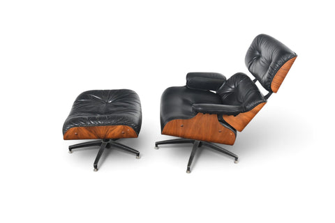 1970s WALNUT + LEATHER LOUNGE CHAIR AND OTTOMAN
