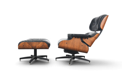 1970s WALNUT + LEATHER LOUNGE CHAIR AND OTTOMAN
