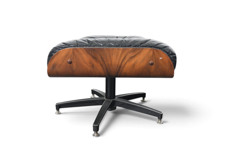 1970s WALNUT + LEATHER LOUNGE CHAIR AND OTTOMAN