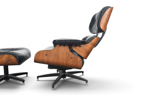 1970s WALNUT + LEATHER LOUNGE CHAIR AND OTTOMAN