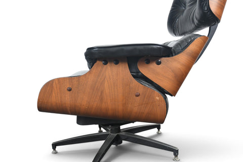 1970s WALNUT + LEATHER LOUNGE CHAIR AND OTTOMAN