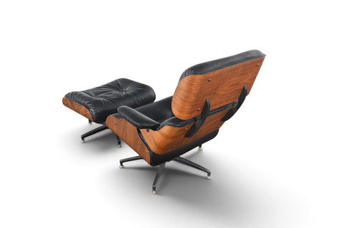 1970s WALNUT + LEATHER LOUNGE CHAIR AND OTTOMAN