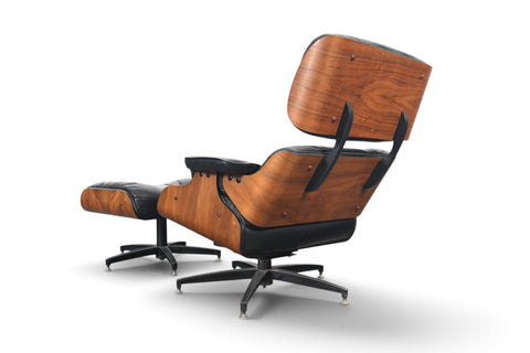1970s WALNUT + LEATHER LOUNGE CHAIR AND OTTOMAN