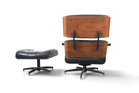 1970s WALNUT + LEATHER LOUNGE CHAIR AND OTTOMAN