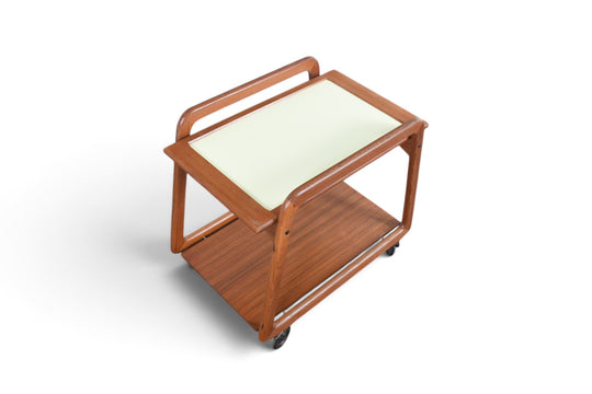 DANISH MODERN FLIP TOP BAR CART IN TEAK + CREAM LAMINATE