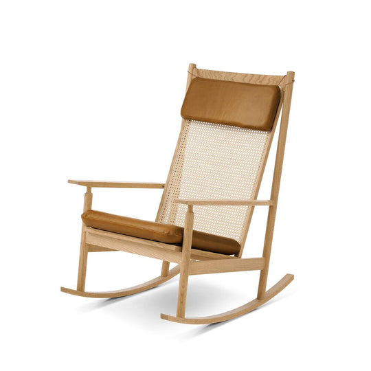 SWING ROCKING CHAIR BY HANS OLSEN - TEAK OILED SOLID OAK - LEATHER