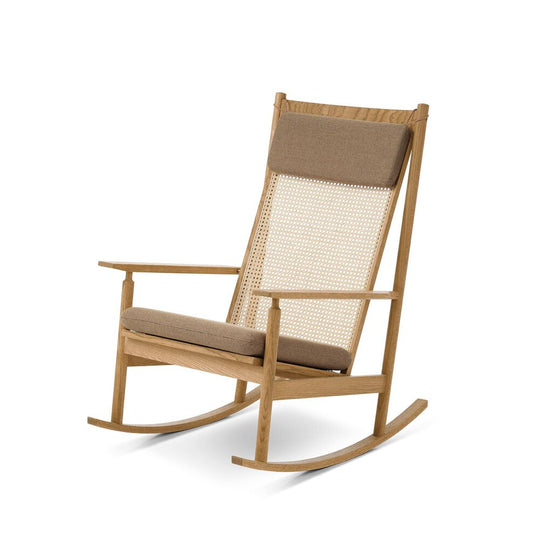 SWING ROCKING CHAIR BY HANS OLSEN - TEAK OILED SOLID OAK - FABRIC
