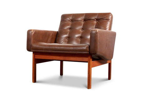 'MODULINE' LOUNGE CHAIR IN TEAK + BROWN LEATHER