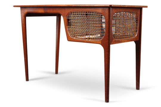 DANISH MODERN TEAK + CANE COFFEE / SEWING TABLE WITH STORAGE