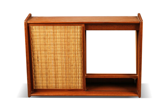 DANISH MODERN TEAK WALL CABINET WITH CANE DOOR + LIGHT