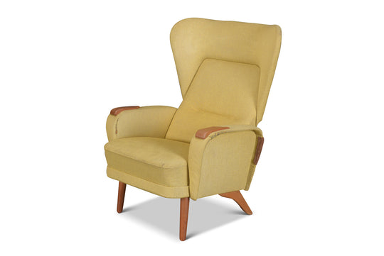 DANISH MODERN CURVY WINGBACK CHAIR IN TEAK + YELLOW WOOL
