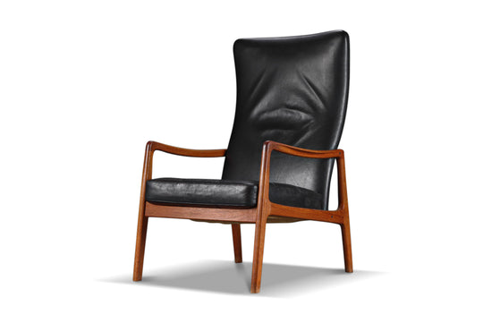 OLE WANSCHER MODEL FD-159 HIGHBACK LOUNGE CHAIR IN TEAK + LEATHER