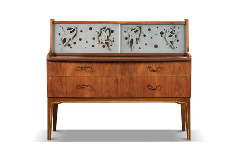 ARNE HOVMAND OLSEN VANITY / SECRETARY IN TEAK WITH ETCHED GLASS DOORS