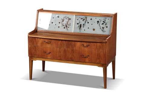 ARNE HOVMAND OLSEN VANITY / SECRETARY IN TEAK WITH ETCHED GLASS DOORS