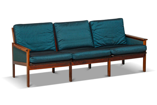 ILLUM WIKKELSØ "CAPELLA" THREE SEAT SOFA IN ROSEWOOD + BLUE SHARKSKIN WOOL