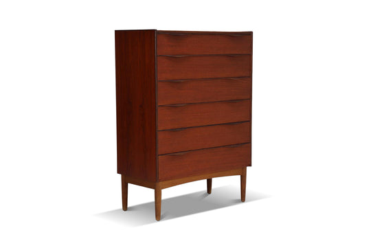 DANISH MODERN WAVE PULL TEAK HIGHBOY DRESSER IN TEAK + OAK