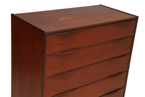 DANISH MODERN WAVE PULL TEAK HIGHBOY DRESSER IN TEAK + OAK