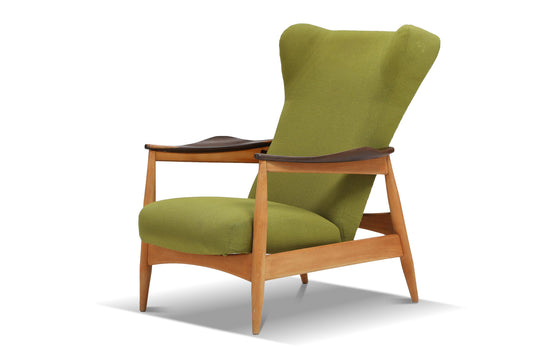 ARNE VODDER "SKYMASTER" RECLINING LOUNGE CHAIR IN BEECH + GREEN WOOL