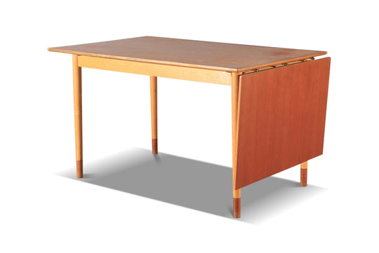 DANISH MODERN DROP LEAF TEAK + BEECH DINING TABLE