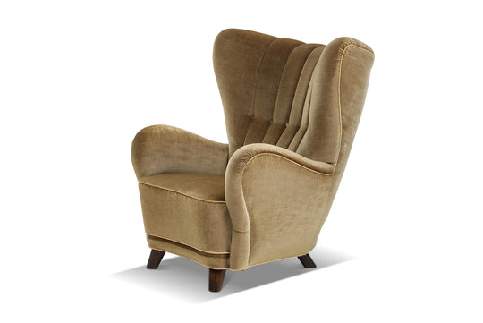 1930s SCANDINAVIAN WINGBACK LOUNGE CHAIR IN GREEN VELVET