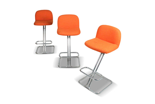 SET OF THREE 1970s SPACE AGE CHROME + WOOL BARSTOOLS