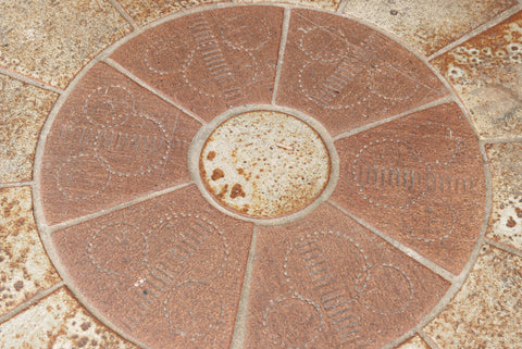 Circular Tile + Aluminum Coffee Table by Haslev Top close up