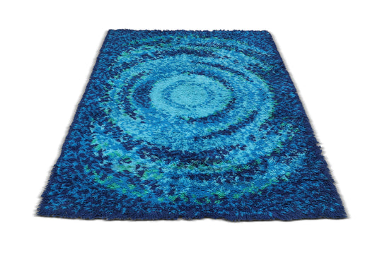 LARGE BLUE HIGH PILE RYA RUG BY STREHOG NORDEN