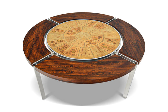 RARE SPACE AGE COFFEE TABLE IN ROSEWOOD, TILE + CHROME BY SVEND AAGE JESSEN