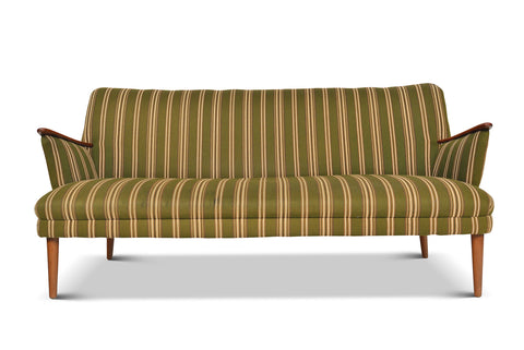DANISH MODERN SOFA IN GREEN STRIPED WOOL WITH TEAK PAWS