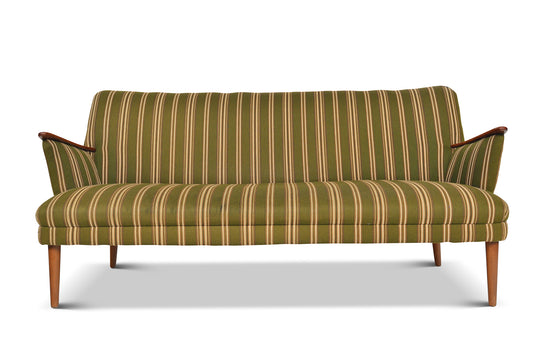 DANISH MODERN SOFA IN GREEN STRIPED WOOL WITH TEAK PAWS
