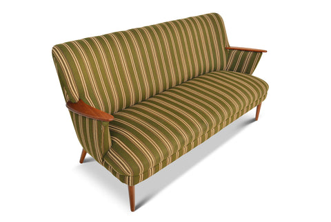 DANISH MODERN SOFA IN GREEN STRIPED WOOL WITH TEAK PAWS