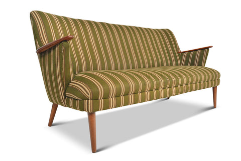 DANISH MODERN SOFA IN GREEN STRIPED WOOL WITH TEAK PAWS