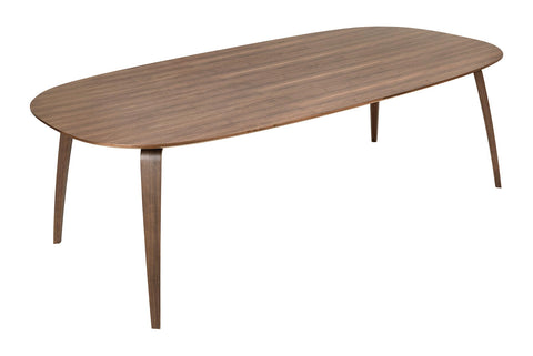 Gubi elliptical dining table with a American Walnut Semi Matte Lacquered finish